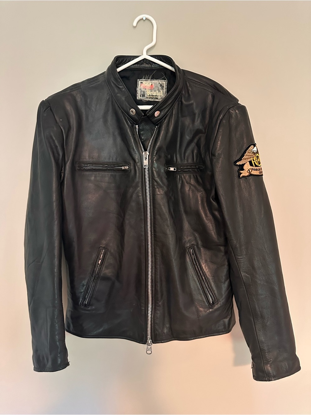 Vintage 70s/80s Bristol Black Leather Motorcycle Jacket with Harley Patch